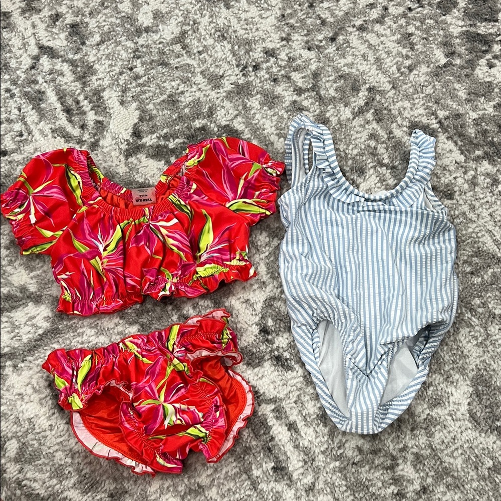 Old Navy Baby Red Floral and Blue Striped Swimsuit Bundle